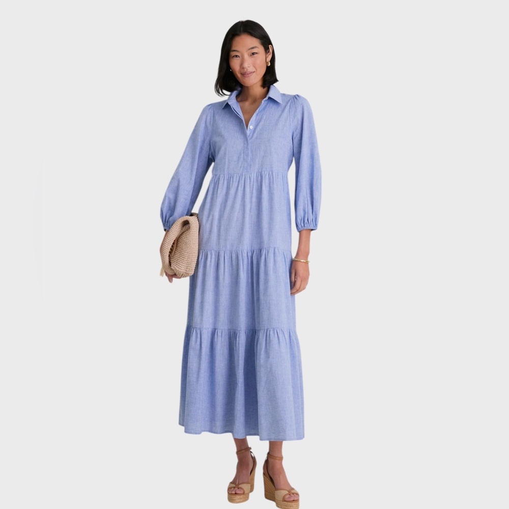 Pomander Place Chambray Mabel Maxi Dress Blue Tiered Cotton Linen Blend Medium